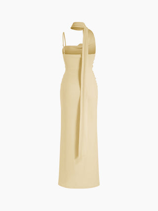 Mesh Halter Neckline Ruched Maxi Dress With Scarf