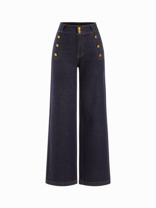 Stretch Denim High Rise Straight Leg Trousers With Metal Detail