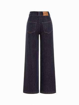 Stretch Denim High Rise Straight Leg Trousers With Metal Detail