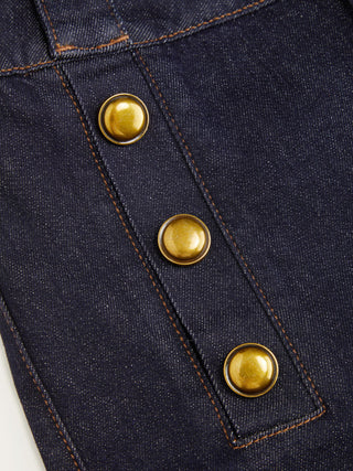 Stretch Denim High Rise Straight Leg Trousers With Metal Detail
