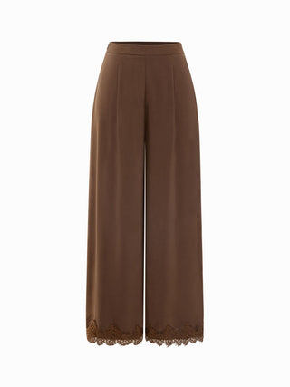 Satin V-Neck Lace Trim Wrap Top & Mid Rise Wide Leg Trousers Set