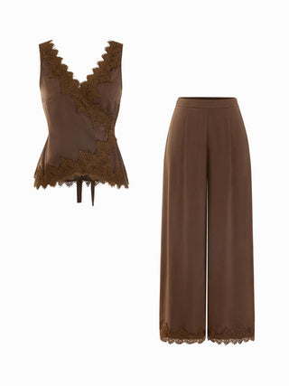 Satin V-Neck Lace Trim Wrap Top & Mid Rise Wide Leg Trousers Set