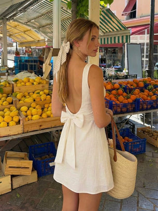 Linen-blend Boat Neck Solid Knotted Backless Mini Dress