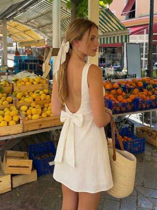 Linen-blend Boat Neck Solid Knotted Backless Mini Dress