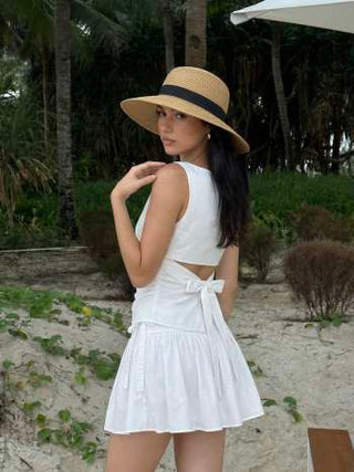 Linen-blend Boat Neckline Solid Bowknot Tank Top