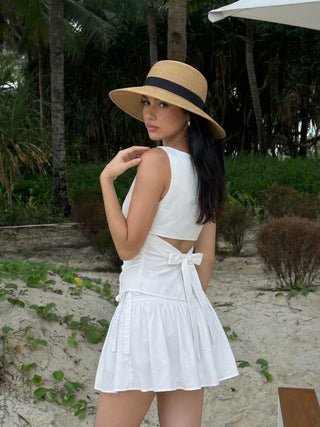 Linen-blend Boat Neckline Solid Bowknot Tank Top
