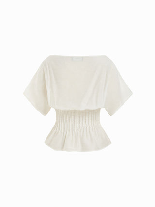 Linen-blend Linen-blend Boat Neck Ruched Batwing Sleeve Blouse For Daily Casual