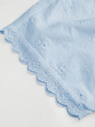 Cotton V-neck Broderie Anglaise Pleated Shirred Short Sleeve Blouse
