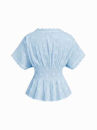 Cotton V-neck Broderie Anglaise Pleated Shirred Short Sleeve Blouse