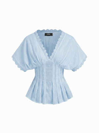 Cotton V-neck Broderie Anglaise Pleated Shirred Short Sleeve Blouse
