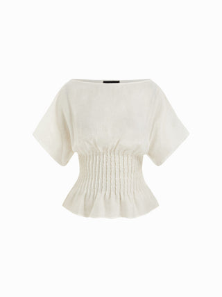 Linen-blend Linen-blend Boat Neck Ruched Batwing Sleeve Blouse For Daily Casual