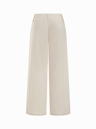 Woven Linen-blend Low Rise Pleated Wide Leg Trousers For Daily Casual Work