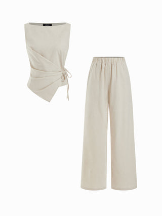 Linen-blend Boat Neck Knotted Top & Mid Rise Capri Straight Leg Trousers Set