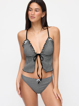 V-neck Gingham Bowknot Lettuce Trim Tankini Bikini Set