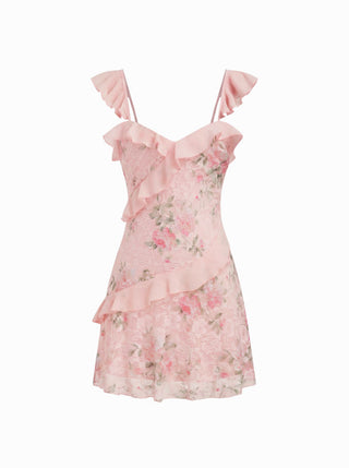 Lace Floral Sweetheart Neck Ruffle Trim Cami Mini Dress