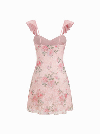Lace Floral Sweetheart Neck Ruffle Trim Cami Mini Dress