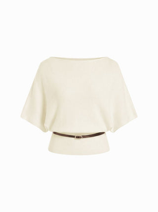 Knit Boat Neck Batwing Sleeve Top With Belt