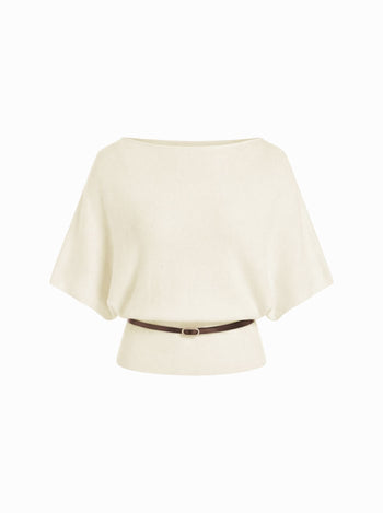 Knit Boat Neck Batwing Sleeve Top With Belt