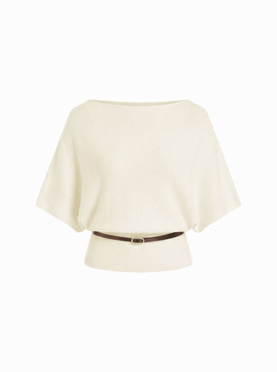 Knit Boat Neck Batwing Sleeve Top With Belt