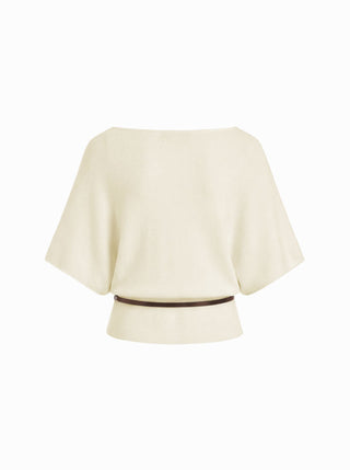 Knit Boat Neck Batwing Sleeve Top With Belt