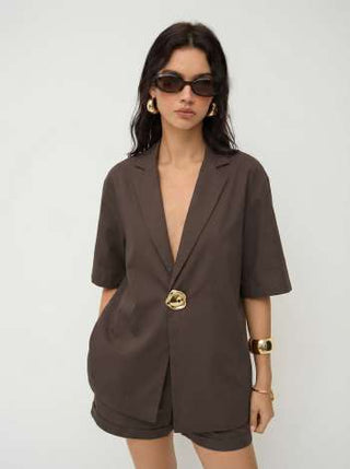 Linen-blend Collar Metal Button Oversized Blazer