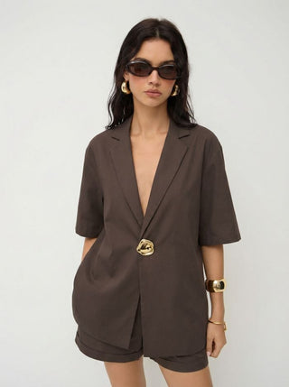 Linen-blend Collar Metal Button Oversized Blazer