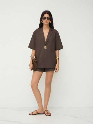 Linen-blend Collar Metal Button Oversized Blazer