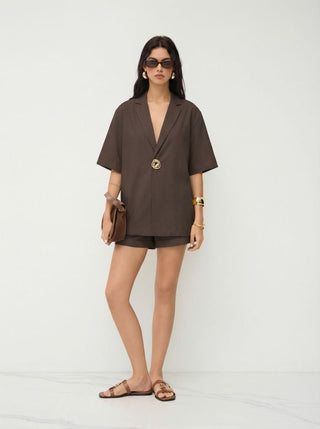 Linen-blend Collar Metal Button Oversized Blazer