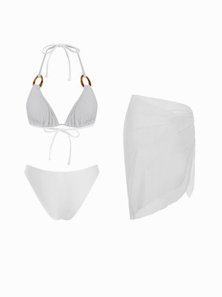 Halter Neckline Solid Ring Linked Triangle Bikinis 3 Piece Bikini Sets