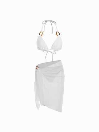 Halter Neckline Solid Ring Linked Triangle Bikinis 3 Piece Bikini Sets