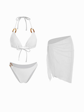 Halter Neckline Solid Ring Linked Triangle Bikinis 3 Piece Bikini Sets