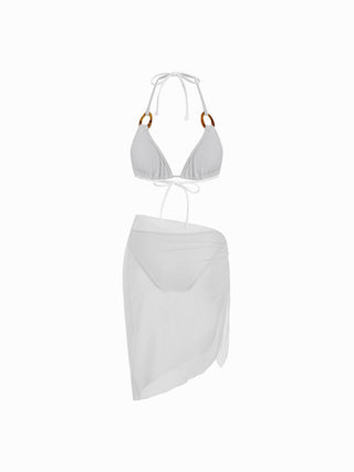 Halter Neckline Solid Ring Linked Triangle Bikinis 3 Piece Bikini Sets