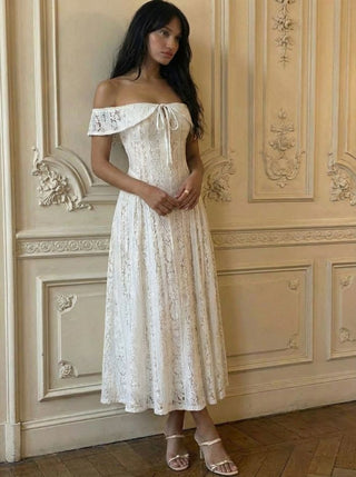 Lace Sculptural Off-Shoulder Knotted Flared Maxi Dress