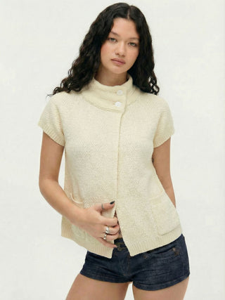 Knit Asymmetrical Neck Button Split Short Sleeve Top
