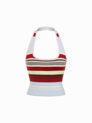 Knit Halter Neck Striped Tank Top & Low Rise Mini Skirt Set