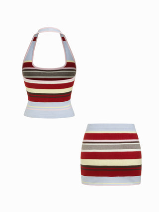 Knit Halter Neck Striped Tank Top & Low Rise Mini Skirt Set
