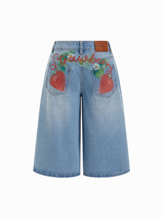 Washed Denim Mid Rise Strawberry Graphic Wide Leg Bermuda Shorts