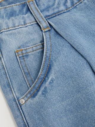 Washed Denim Mid Rise Strawberry Graphic Wide Leg Bermuda Shorts