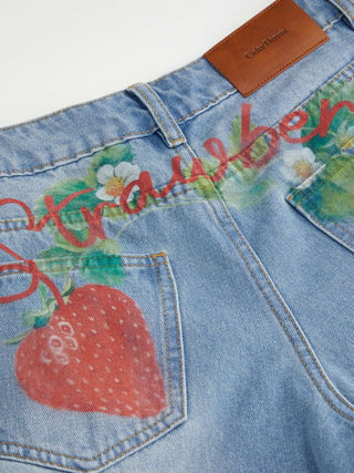 Washed Denim Mid Rise Strawberry Graphic Wide Leg Bermuda Shorts
