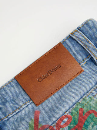 Washed Denim Mid Rise Strawberry Graphic Wide Leg Bermuda Shorts
