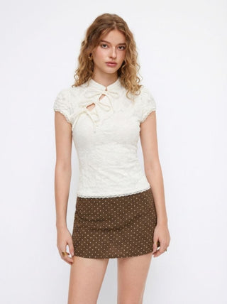 Lace Floral Stand Collar Bowknot Short Sleeve Top