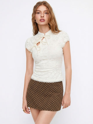Lace Floral Stand Collar Bowknot Short Sleeve Top