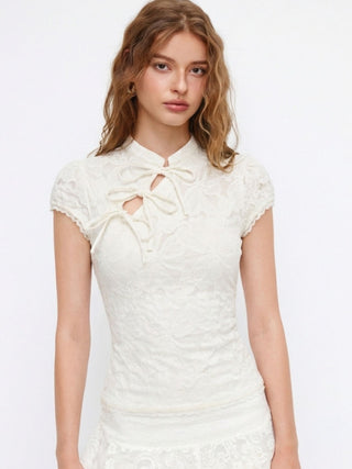 Lace Floral Stand Collar Bowknot Short Sleeve Top