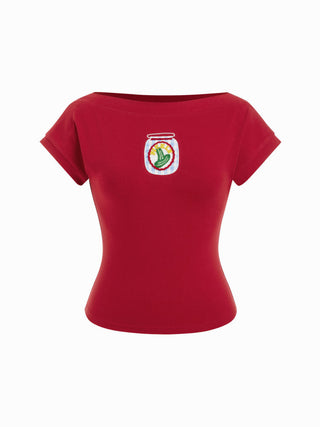 Cotton-blend Boat Neck Fruit Applique Short Sleeve Tee