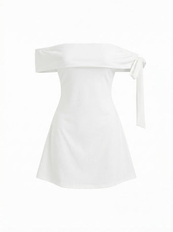 Jersey Off-shoulder Short Sleeve Bowknot Mini Dress