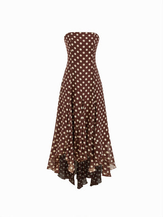 Chiffon Halter Neckline Polka Dot Ruffled Hem Ruched Maxi Dress