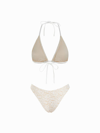 Halter Neckline Lace Triangle Bikini Set With Lace Skirt