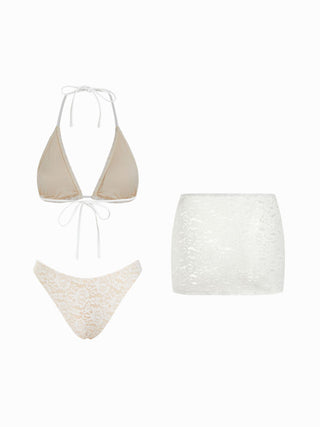 Halter Neckline Lace Triangle Bikini Set With Lace Skirt