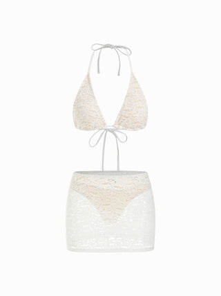 Halter Neckline Lace Triangle Bikini Set With Lace Skirt