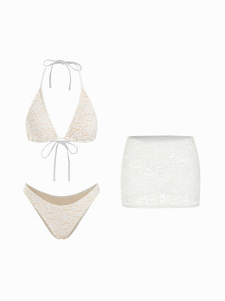 Halter Neckline Lace Triangle Bikini Set With Lace Skirt